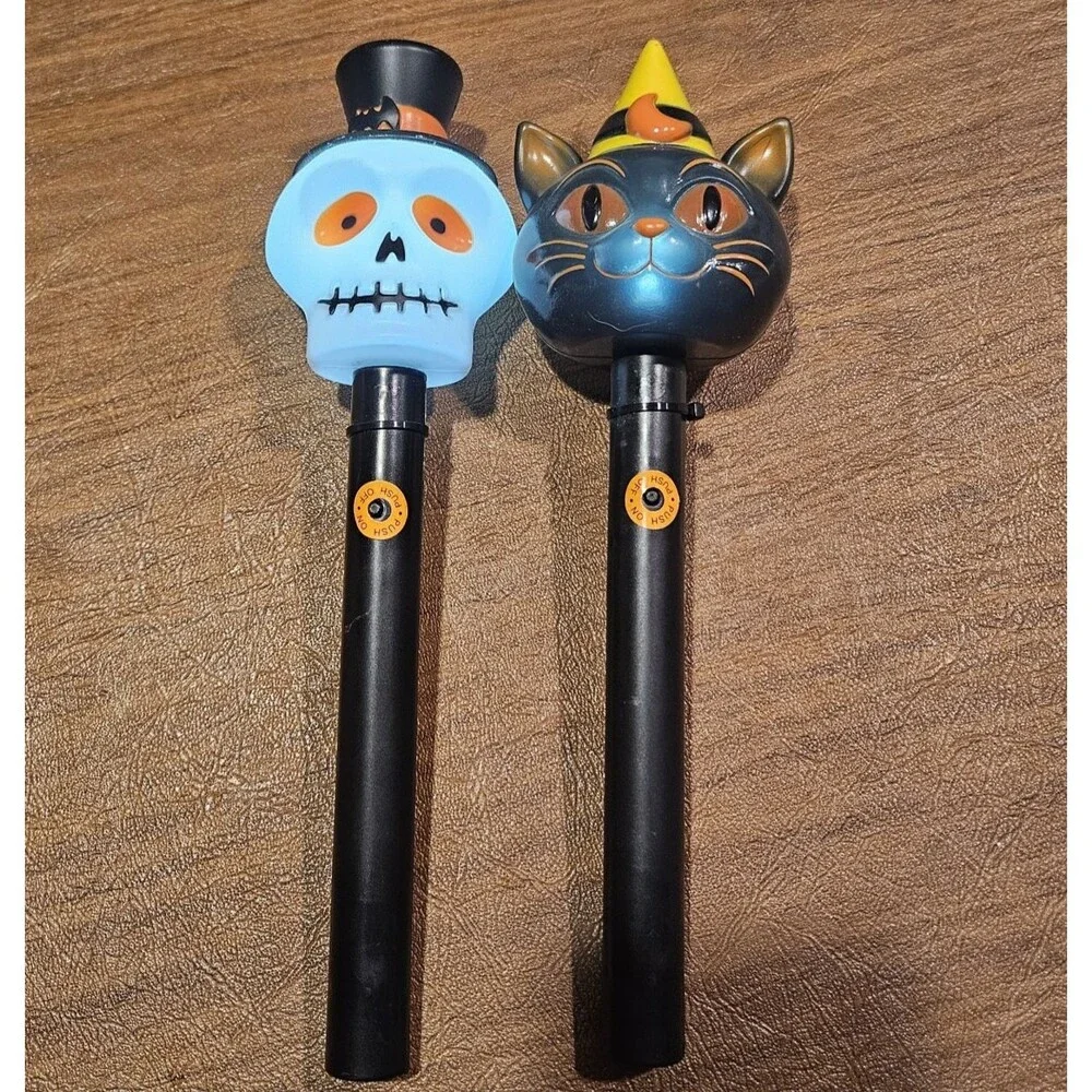 Halloween Light Up Wand Lot 2 Skeleton Skull Black Cat Witch Vintage Style